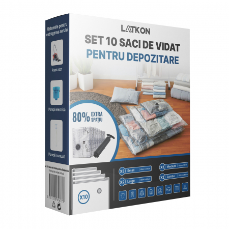 Produse Resigilate - RESIGILAT - Set 10 Saci Vidat Haine cu Pompa Latkon®, Marimi 40x60/50x70/60x80/80x100cm, Vidare prin Vacuum, Usor de Folosit, Transparent