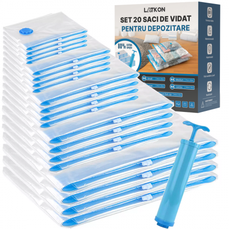 Organizare si depozitare - Set 20 saci de vidat haine cu pompă Latkon®, dimensiuni variate, transparenți