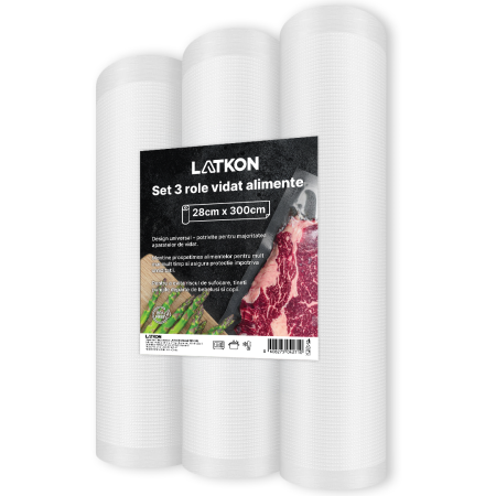 Aparate de vidat si accesorii - Set 3 role pungi de vidat gofrate Latkon®, 28 x 300 cm, Reutilizabile, Lavabile in Masina de Spalat, Rezistente, Ideale Pentru Depozitare sau Preparare Sous Vide, Fara BPA, Transparent