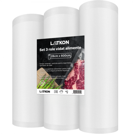 Aparate de vidat si accesorii - Set 3 role pungi de vidat gofrate Latkon®, 28 x 600 cm, Reutilizabile, Lavabile in Masina de Spalat, Rezistente, Ideale Pentru Depozitare sau Preparare Sous Vide, Fara BPA, Transparent