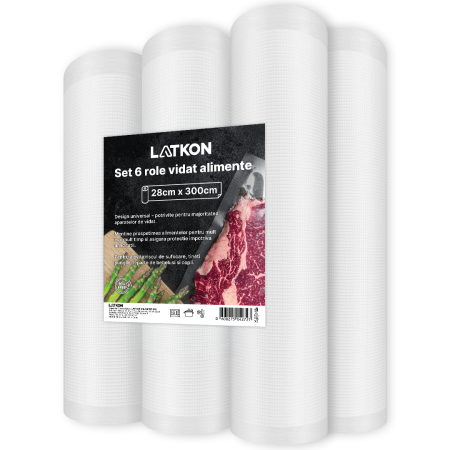 Aparate de vidat si accesorii - Set 6 role pungi de vidat gofrate Latkon®, 28 x 300 cm, Reutilizabile, Lavabile in Masina de Spalat, Rezistente, Ideale Pentru Depozitare sau Preparare Sous Vide, Fara BPA, Transparent