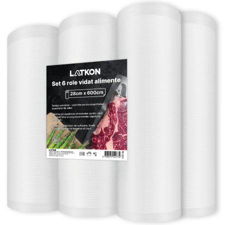 Aparate de vidat si accesorii - Set 6 role pungi de vidat gofrate Latkon®, 28 x 600 cm, Reutilizabile, Lavabile in Masina de Spalat, Rezistente, Ideale Pentru Depozitare sau Preparare Sous Vide, Fara BPA, Transparent