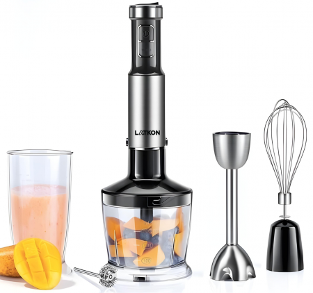 RESIGILAT - Set Blender Vertical 5 in 1 Latkon®, Multifunctional, Putere 800 W, 12 Trepte de Viteza, Cutit cu 4 Lame Placate cu Titanium, Tocator, Tel, Mixer Spuma Lapte, Cana Mixat, Negru [0]