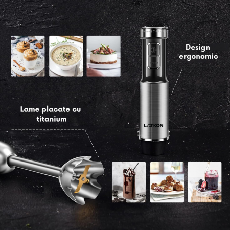 RESIGILAT - Set Blender Vertical 5 in 1 Latkon®, Multifunctional, Putere 800 W, 12 Trepte de Viteza, Cutit cu 4 Lame Placate cu Titanium, Tocator, Tel, Mixer Spuma Lapte, Cana Mixat, Negru [4]
