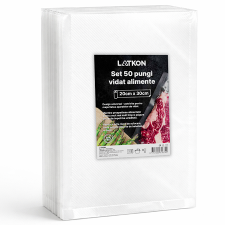 Toate produsele - Set de 50 Pungi Vidat Latkon®, 20x30 cm, Reutilizabile, Lavabile in Masina de Spalat, Fara BPA, Rezistente la Intepaturi si Rupere, Ideale Pentru Depozitare sau Preparare Sous Vide, Transparent
