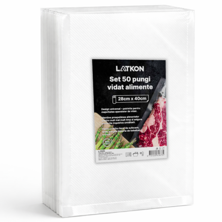 Set de 50 Pungi Vidat Latkon®, 28x40 cm, Reutilizabile, Lavabile in Masina de Spalat, Fara BPA, Rezistente la Intepaturi si Rupere, Ideale Pentru Depozitare sau Preparare Sous Vide, Transparent Mat