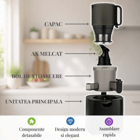 Storcator cu Presare la Rece Latkon®️ SJ250Nova, Putere 250W, Ax cu Melc, Silentios, Antioxidare, Recipient Suc 1.2L, Recipient Pulpa 1.1L, Negru [6]