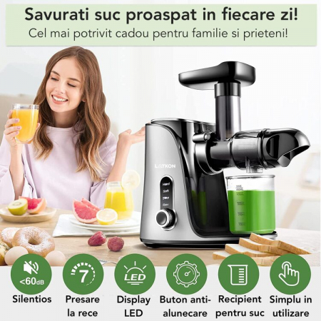 Storcător cu presare la rece Latkon, 150W, 2 viteze, sticlă 0.5L, sită inox, gri [2]