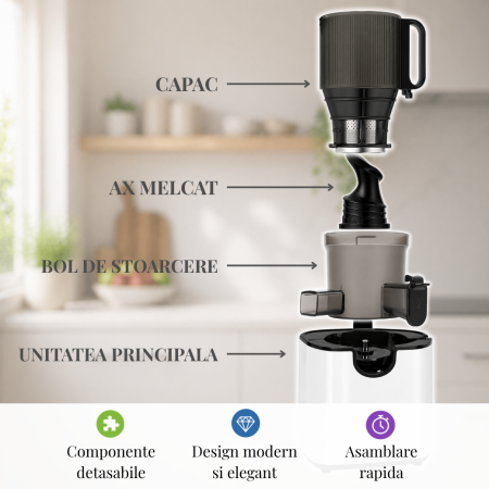 Storcator cu Presare la Rece Latkon®️ SJ250Nova, Putere 250W, Ax cu Melc, Silentios, Antioxidare, Recipient Suc 1.2L, Recipient Pulpa 1.1L, Alb [6]