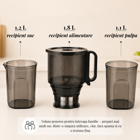 Storcator cu Presare la Rece Latkon®️ SJ250Nova, Putere 250W, Ax cu Melc, Silentios, Antioxidare, Recipient Suc 1.2L, Recipient Pulpa 1.1L, Alb [7]