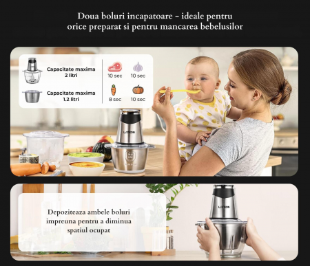 RESIGILAT - Tocator electric pentru alimente, Latkon AMJ-217A, 400W, 1.2/2L, Lame din otel inoxidabil, 2 Boluri din sticla si inox, Argintiu [2]