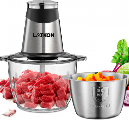Blendere si Tocatoare - Tocator electric Latkon AMJ-217A, lame inox, 2 boluri sticlă și inox