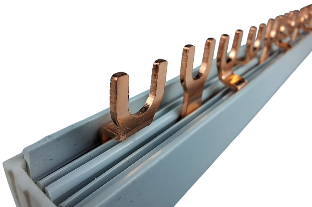 Bara Pieptene busbar OMU SYSTEM 3 poli 63A izolata 210mm 10mm² tip furca U, 12 (4x3) module pentru conexiuni electrice 230/400V AC [8]