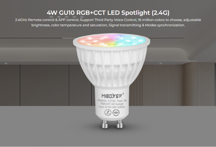 Bec LED 4W GU10 RGB+CCT LED Spotligh 320lm 80lm/W 2700K~6500K, 16 milioane de culori intensitatea luminii ajustabila, control de la distanta 30m 2.4GHz [4]