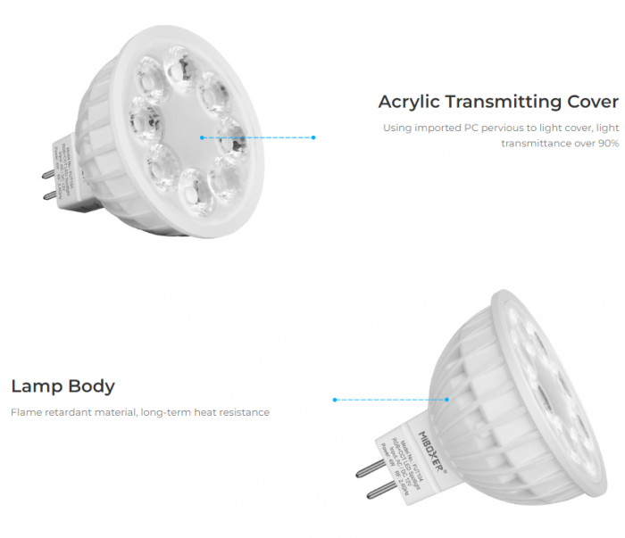 Bec LED Miboxer Mi-Light MR16 4W 12V AC/DC 400lm 100lm/W RGB+CCT LED Spotlight 2700-6500K, 16 milioane de culori, intensitatea luminii ajustabila, control de la distanta 30m 2.4GHz [9]