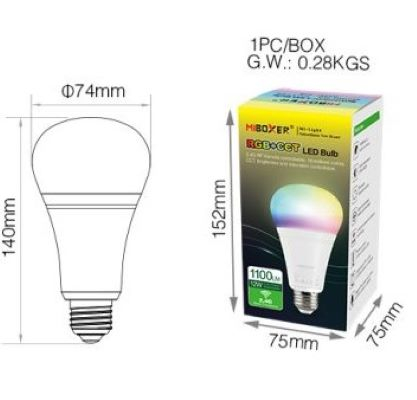 Bec Miboxer Mi-Light E27 12W RGB+CCT 110lm/W 1300lm 140x74mm 16 milioane de culori, temperatura de culoare reglabila, intensitatea luminii ajustabila, control pana la 30 de metri 2.4 GHz [4]