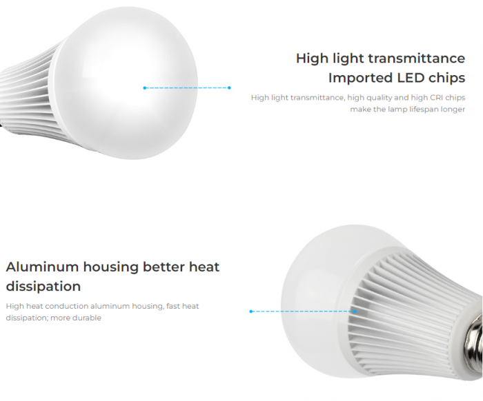 Bec Miboxer Mi-Light E27 9W RGB+CCT 107lm/W 960lm 137x74mm 16 milioane de culori, temperatura de culoare reglabila, intensitatea luminii ajustabila, control pana la 30 de metri 2.4 GHz [10]