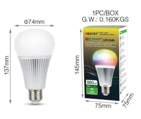 Bec Miboxer Mi-Light E27 9W RGB+CCT 107lm/W 960lm 137x74mm 16 milioane de culori, temperatura de culoare reglabila, intensitatea luminii ajustabila, control pana la 30 de metri 2.4 GHz [4]