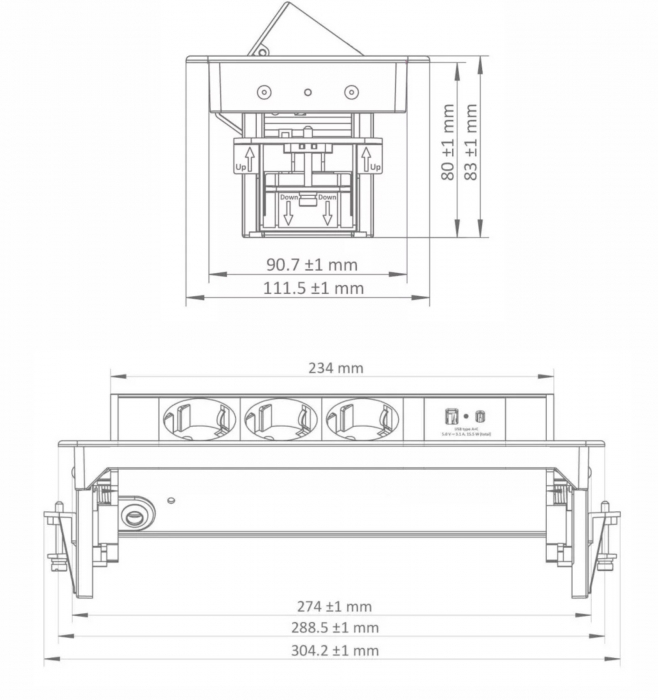 Bloc de prize incastrabil in blat/birou OMU system MSD8 3G2U cu 3 prize schuko 16A USB A+C 2,4A, inox 230V 1.8metri cablu 3G1.5 [2]