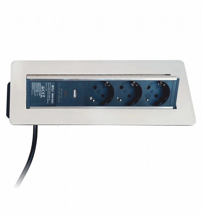 Bloc de prize incastrabil in blat/birou OMU system MSD8 3G2U cu 3 prize schuko 16A USB A+C 2,4A, inox 230V 1.8metri cablu 3G1.5 [1]