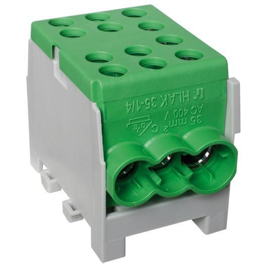 Clema de distributie derivatie 1 pol pe sina DIN omega 3 intrari ( 1x35+2x25mm2) pe fiecare parte, verde pentru impamantare [1]