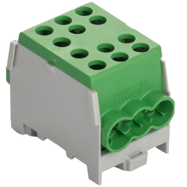Clema de distributie derivatie 1 pol pe sina DIN omega 3 intrari ( 1x35+2x25mm2) pe fiecare parte, verde pentru impamantare [2]