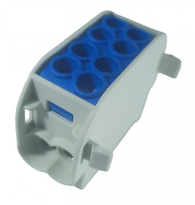 Clemă de distribuție - derivație albastră Cu-Al 152A / 101A pe șină DIN 1 pol 2 intrări / borne (16+25mm²) si 2 ieșiri (16+25mm²) 1000V AC/DC [4]
