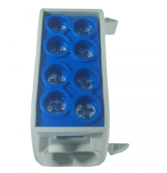 Clemă de distribuție - derivație albastră Cu-Al 152A / 101A pe șină DIN 1 pol 2 intrări / borne (16+25mm²) si 2 ieșiri (16+25mm²) 1000V AC/DC [8]