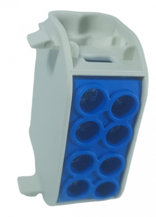 Clemă de distribuție - derivație albastră Cu-Al 152A / 101A pe șină DIN 1 pol 2 intrări / borne (16+25mm²) si 2 ieșiri (16+25mm²) 1000V AC/DC [2]