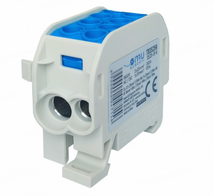 Clemă de distribuție - derivație albastră Cu-Al 152A / 101A pe șină DIN 1 pol 2 intrări / borne (16+25mm²) si 2 ieșiri (16+25mm²) 1000V AC/DC [1]