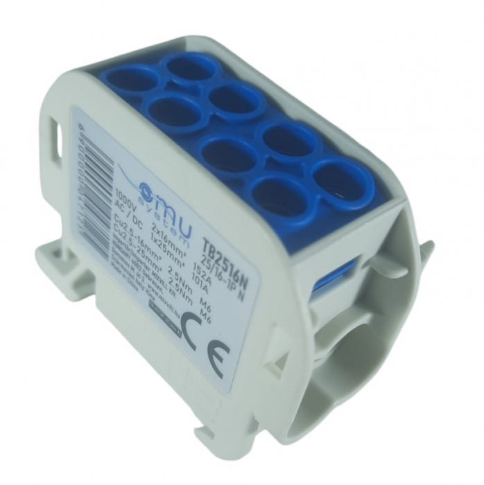 Clemă de distribuție - derivație albastră Cu-Al 152A / 101A pe șină DIN 1 pol 2 intrări / borne (16+25mm²) si 2 ieșiri (16+25mm²) 1000V AC/DC [5]