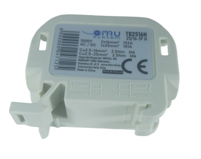 Clemă de distribuție - derivație albastră Cu-Al 152A / 101A pe șină DIN 1 pol 2 intrări / borne (16+25mm²) si 2 ieșiri (16+25mm²) 1000V AC/DC [6]