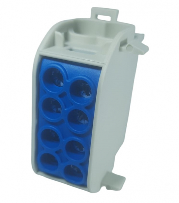 Clemă de distribuție - derivație albastră Cu-Al 152A / 101A pe șină DIN 1 pol 2 intrări / borne (16+25mm²) si 2 ieșiri (16+25mm²) 1000V AC/DC [3]