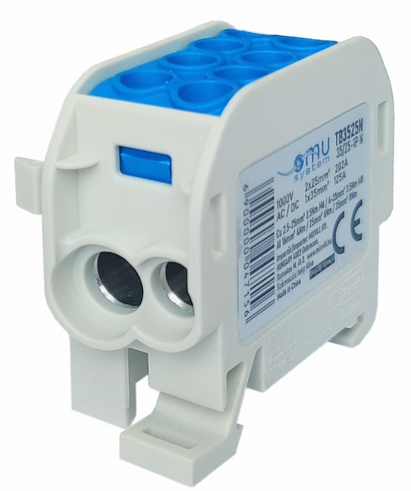 Clemă de distribuție - derivație albastră Cu-Al 202A / 125A pe șină DIN 1 pol 2 intrări / borne (25+35mm²) si 2 ieșiri (25+35mm²) 1000V AC/DC [1]