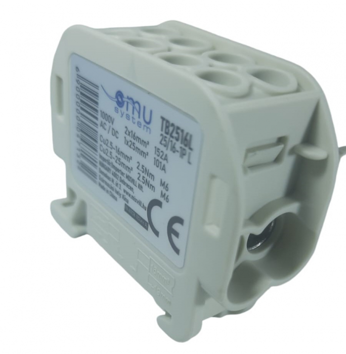 Clemă de distribuție - derivație gri Cu-Al 152A / 101A pe șină DIN 1 pol 2 intrări / borne (16+25mm²) si 2 ieșiri (16+25mm²) 1000V AC/DC [3]