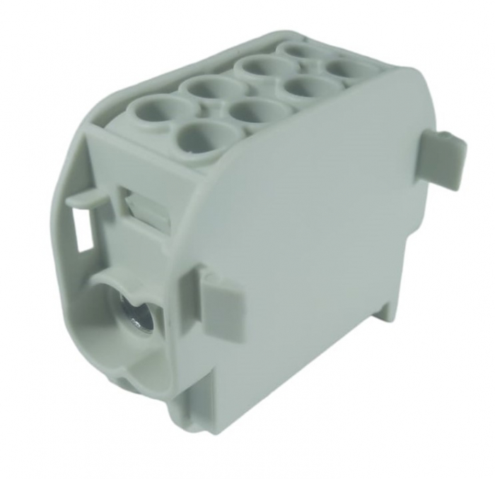 Clemă de distribuție - derivație gri Cu-Al 152A / 101A pe șină DIN 1 pol 2 intrări / borne (16+25mm²) si 2 ieșiri (16+25mm²) 1000V AC/DC [4]