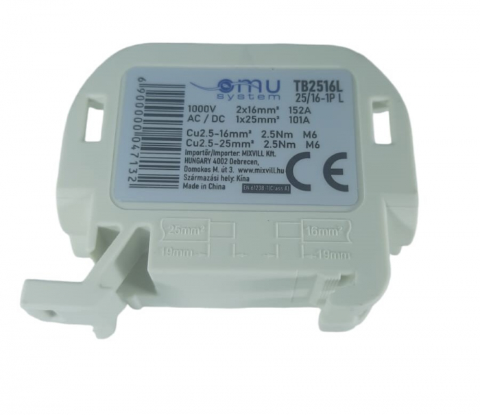 Clemă de distribuție - derivație gri Cu-Al 152A / 101A pe șină DIN 1 pol 2 intrări / borne (16+25mm²) si 2 ieșiri (16+25mm²) 1000V AC/DC [2]