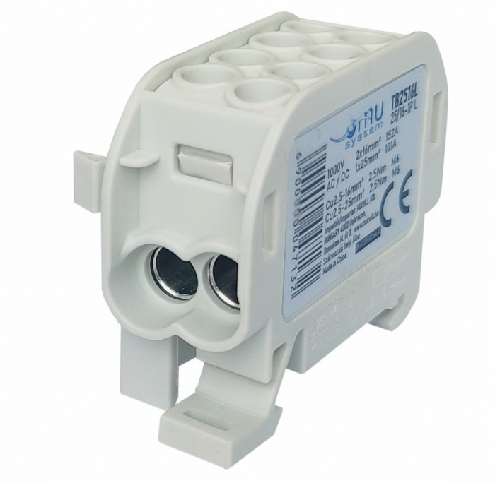 Clemă de distribuție - derivație gri Cu-Al 152A / 101A pe șină DIN 1 pol 2 intrări / borne (16+25mm²) si 2 ieșiri (16+25mm²) 1000V AC/DC [1]