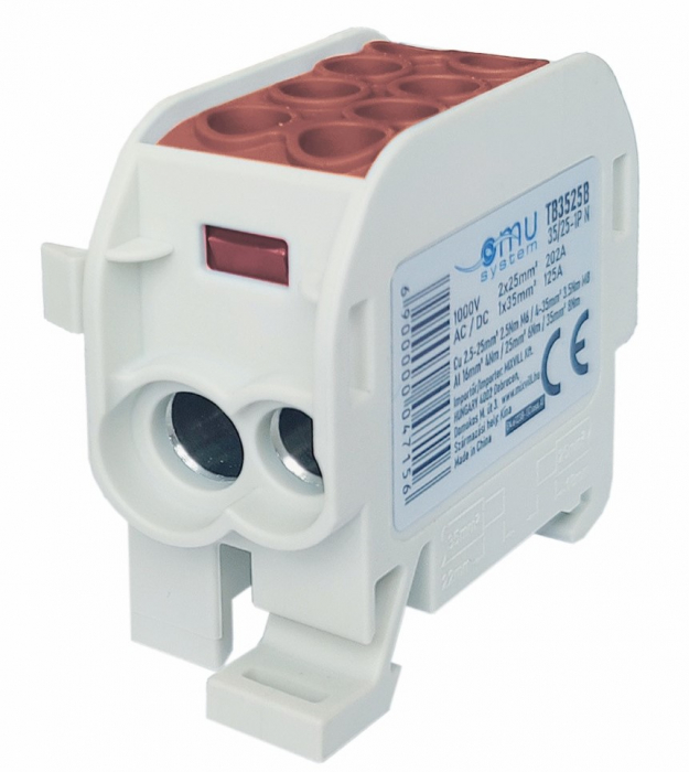 Clemă de distribuție - derivație maro Cu-Al 202A / 125A pe șină DIN 1 pol 2 intrări / borne (25+35mm²) si 2 ieșiri (25+35mm²) 1000V AC/DC [1]