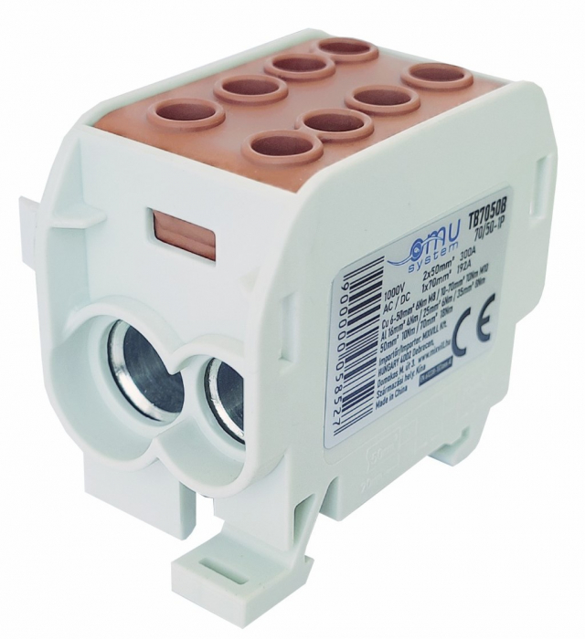 Clemă de distribuție - derivație maro Cu-Al 300A / 185A pe șină DIN 1 pol 2 intrări / borne (50+70mm²) si 2 ieșiri (50+70mm²) 1000V AC/DC [1]