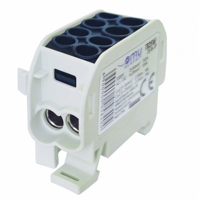Clemă de distribuție - derivație neagră Cu-Al 152A / 101A pe șină DIN 1 pol 2 intrări / borne (16+25mm²) si 2 ieșiri (16+25mm²) 1000V AC/DC [1]