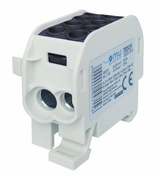 Clemă de distribuție - derivație neagră Cu-Al 202A / 125A pe șină DIN 1 pol 2 intrări / borne (25+35mm²) si 2 ieșiri (25+35mm²) 1000V AC/DC [1]