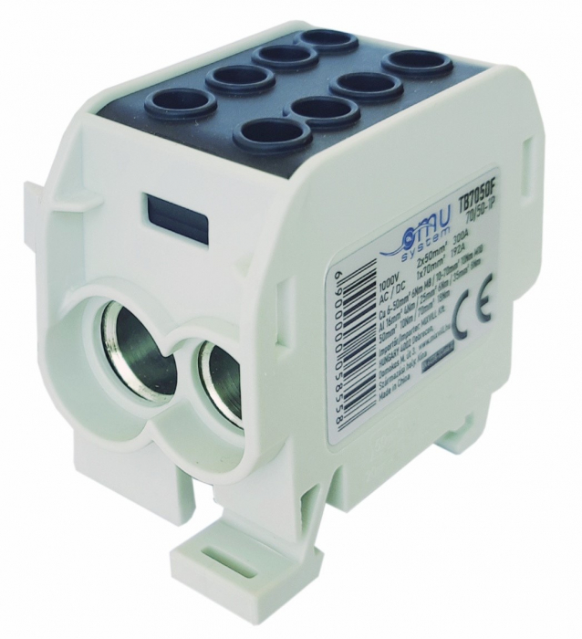 Clemă de distribuție - derivație neagră Cu-Al 300A / 185A pe șină DIN 1 pol 2 intrări / borne (50+70mm²) si 2 ieșiri (50+70mm²) 1000V AC/DC [1]