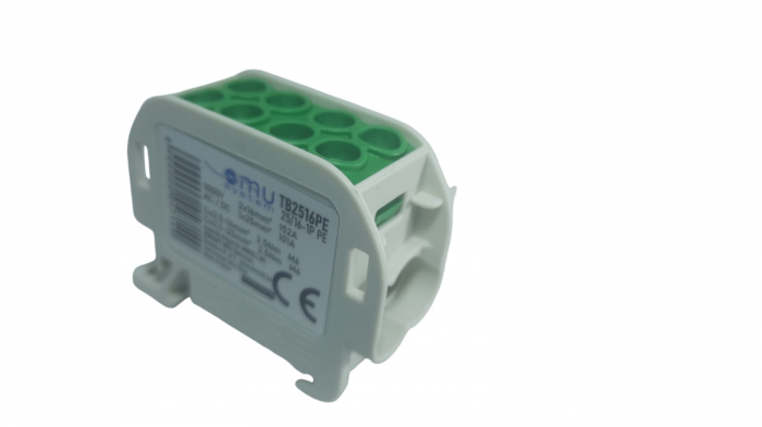 Clemă de distribuție - derivație verde Cu-Al 152A / 101A pe șină DIN 1 pol 2 intrări / borne (16+25mm²) si 2 ieșiri (16+25mm²) 1000V AC/DC [4]