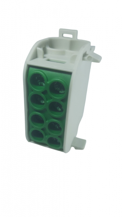 Clemă de distribuție - derivație verde Cu-Al 152A / 101A pe șină DIN 1 pol 2 intrări / borne (16+25mm²) si 2 ieșiri (16+25mm²) 1000V AC/DC [3]