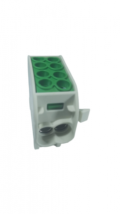 Clemă de distribuție - derivație verde Cu-Al 152A / 101A pe șină DIN 1 pol 2 intrări / borne (16+25mm²) si 2 ieșiri (16+25mm²) 1000V AC/DC [2]