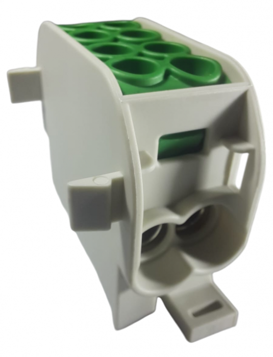 Clemă de distribuție - derivație verde Cu-Al 152A / 101A pe șină DIN 1 pol 2 intrări / borne (16+25mm²) si 2 ieșiri (16+25mm²) 1000V AC/DC [7]
