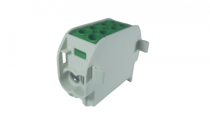 Clemă de distribuție - derivație verde Cu-Al 152A / 101A pe șină DIN 1 pol 2 intrări / borne (16+25mm²) si 2 ieșiri (16+25mm²) 1000V AC/DC [5]