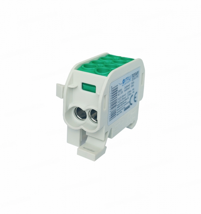 Clemă de distribuție - derivație verde Cu-Al 152A / 101A pe șină DIN 1 pol 2 intrări / borne (16+25mm²) si 2 ieșiri (16+25mm²) 1000V AC/DC [1]