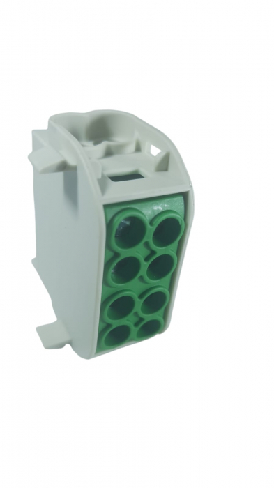 Clemă de distribuție - derivație verde Cu-Al 152A / 101A pe șină DIN 1 pol 2 intrări / borne (16+25mm²) si 2 ieșiri (16+25mm²) 1000V AC/DC [6]